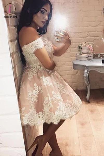 Pink Homecoming Dress,Off-the-shoulder Short Prom Dresses,Lace Tulle Short Graduation Dresses KPH0149