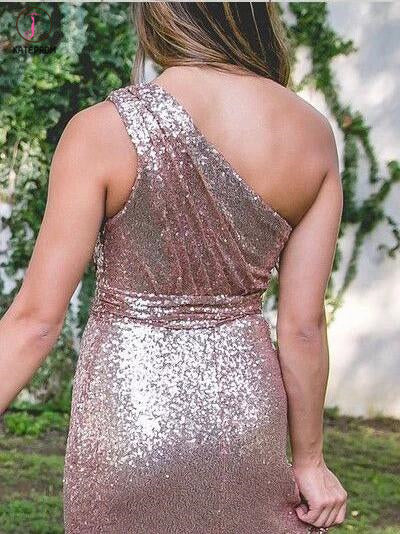 Shiny One shoulder Rose Gold Column Sequined Bridesmaid Dresses,Floor-length Prom Dress KPB0058