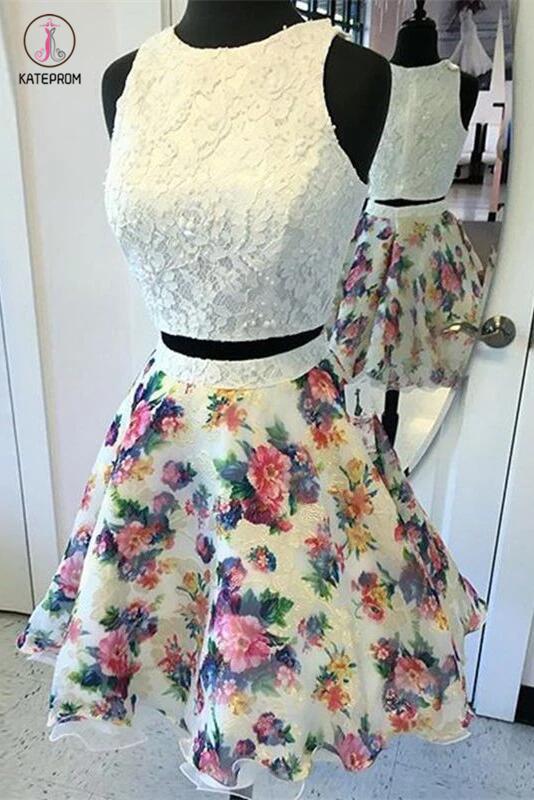 Two Piece Round Neck Sleeveless Homecoming Dress with Lace Top,Ivory Grad Dress KPH0117