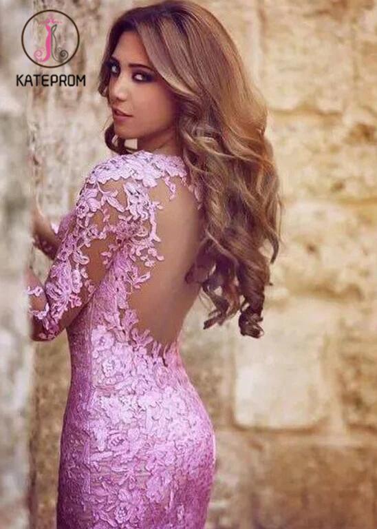 Sexy Mermaid Long Sleeves Tulle Appliques Prom Dresses,Backless Prom Dress KPP0161