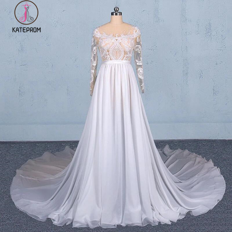 White Long Sleeves Chiffon Wedding Dress with Appliques, Gorgeous Long Bridal Dress KPW0496