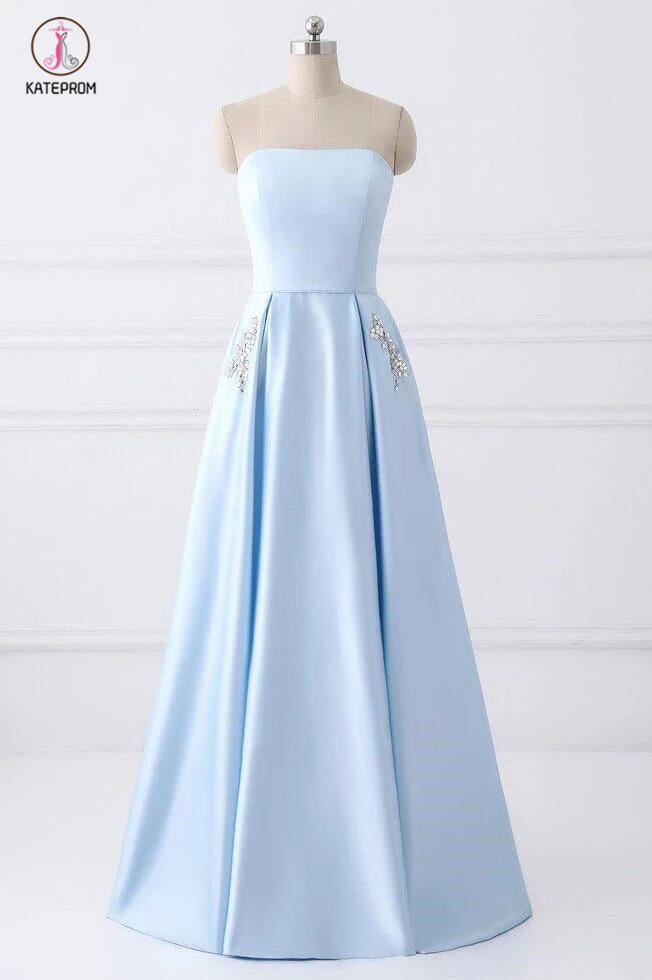 Light Blue Strapless Satin Floor-length Prom Dress With Beaded Pockets Lace Up Back KPP0365