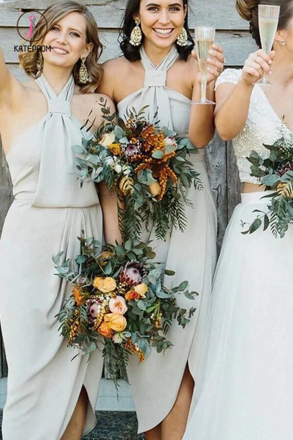 Unique Halter Neck Tea Length Sheath Bridesmaid Dresses with Slit KPB0193