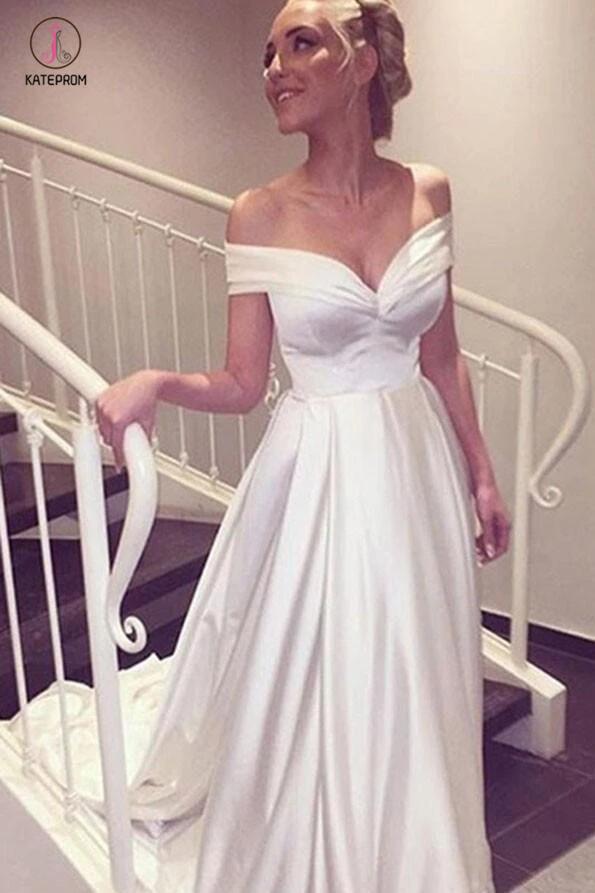 Simple Satin Off-the-shoulder Sexy Sweep Train Beach Wedding Dress,Bridal Gown KPW0148