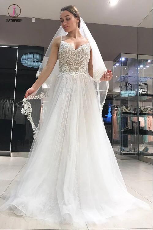 Spaghetti Strap Long Tulle Prom Dress with Lace, Simple Backless Beach Wedding Dresses KPW0251