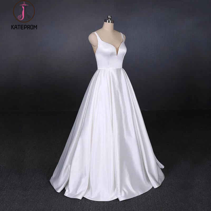 Simple Straps White Satin Wedding Dresses, Floor Length Satin Backless Bridal Dresses KPW0498
