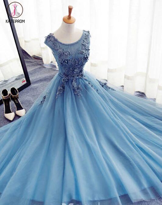 Appliques A-Line Sleeveless Ice Blue Tulle Prom Dresses Long,Evening Dresses KPP0217