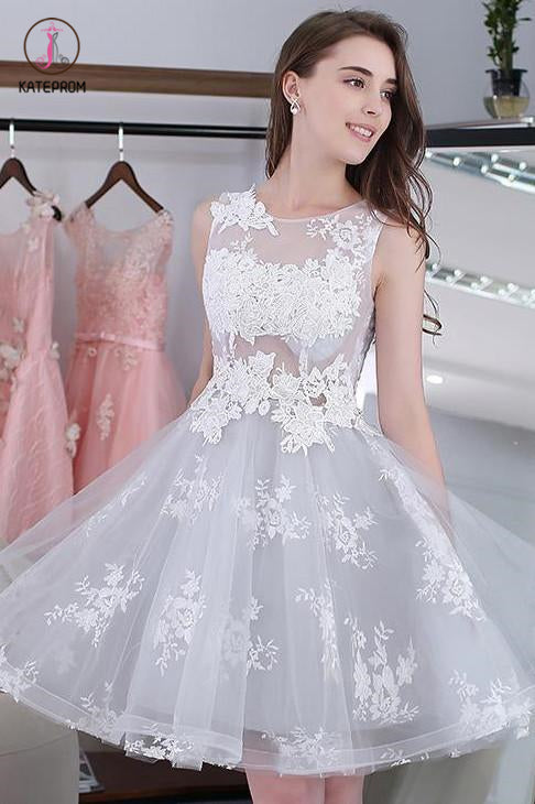 Knee-length Sleeveless Short Homecoming Dresses,A-line Lace Appliques Tulle Party Dresses KPH0166