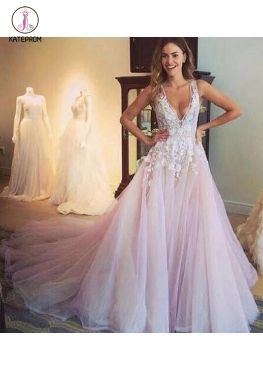 A-line V-neck Light Pink Flower Appliqued Tulle Wedding Dress KPW0020