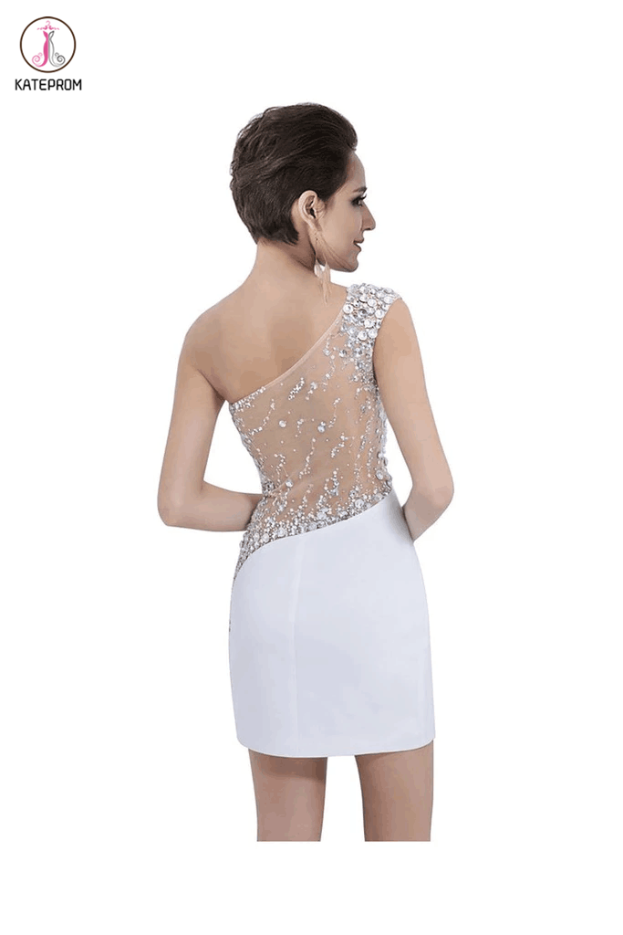 Sheath One Shoulder White Beaded Short Homecoming Dresses KPH0017