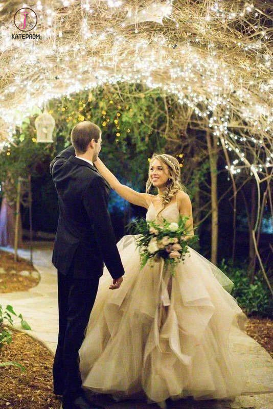 Puffy Spaghetti Straps V Neck Backless Asymmetrical Light Pink Long Wedding Dresses KPW0257