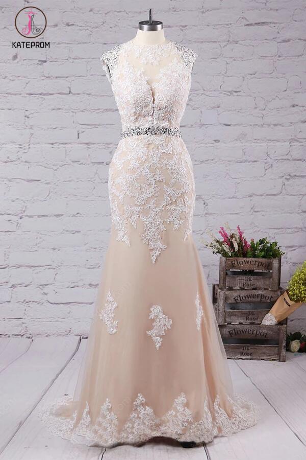 Mermaid Sweep Train Open Back Tulle Prom Dress with Appliques,Mermaid Wedding Dress KPW0079