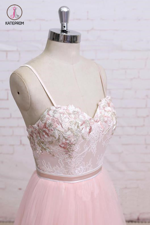 Spaghetti Straps Pink Lace Flora Tulle Sweetheart Backless Wedding Dress,Prom Dress KPP0462