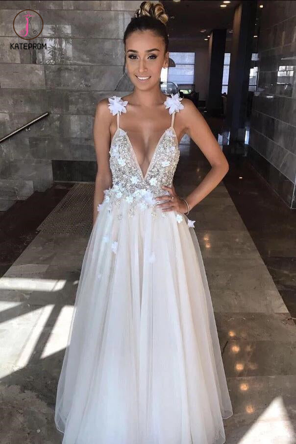 Deep V-neck Beading Prom Dresses,Straps Tulle Appliques A-line Custom Beach Wedding Dress KPW0033