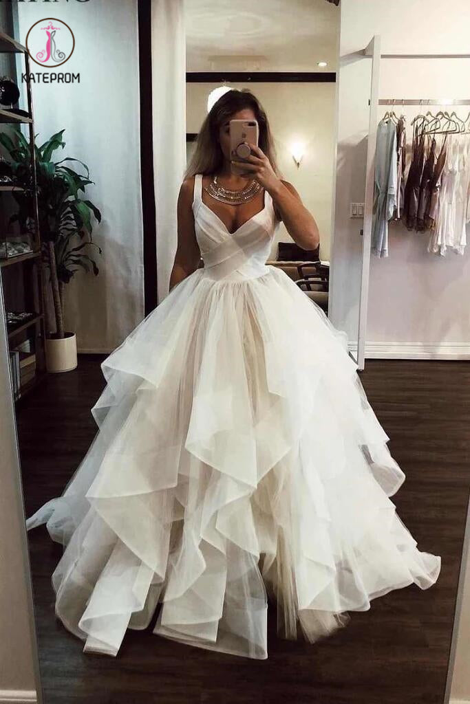Puffy Straps Long Beach Wedding Dresses, Unique Cascading Ruffles Bridal Dresses KPW0356