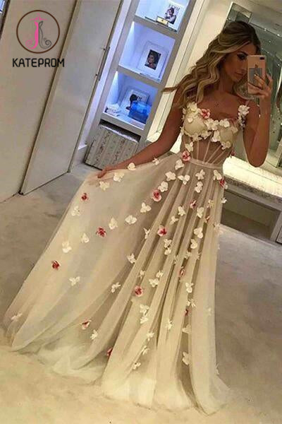 A-line Hand-Made Flower Formal Dress,Sexy Sleeveless Straps Prom Gowns with Flowers KPP0201