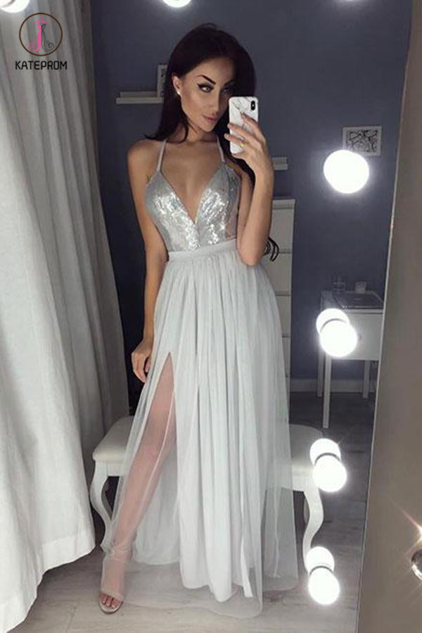 A Line V Neck Sequined Party Dress, Silver Spaghetti Straps Sleeveless Tulle Prom Dress KPP0468