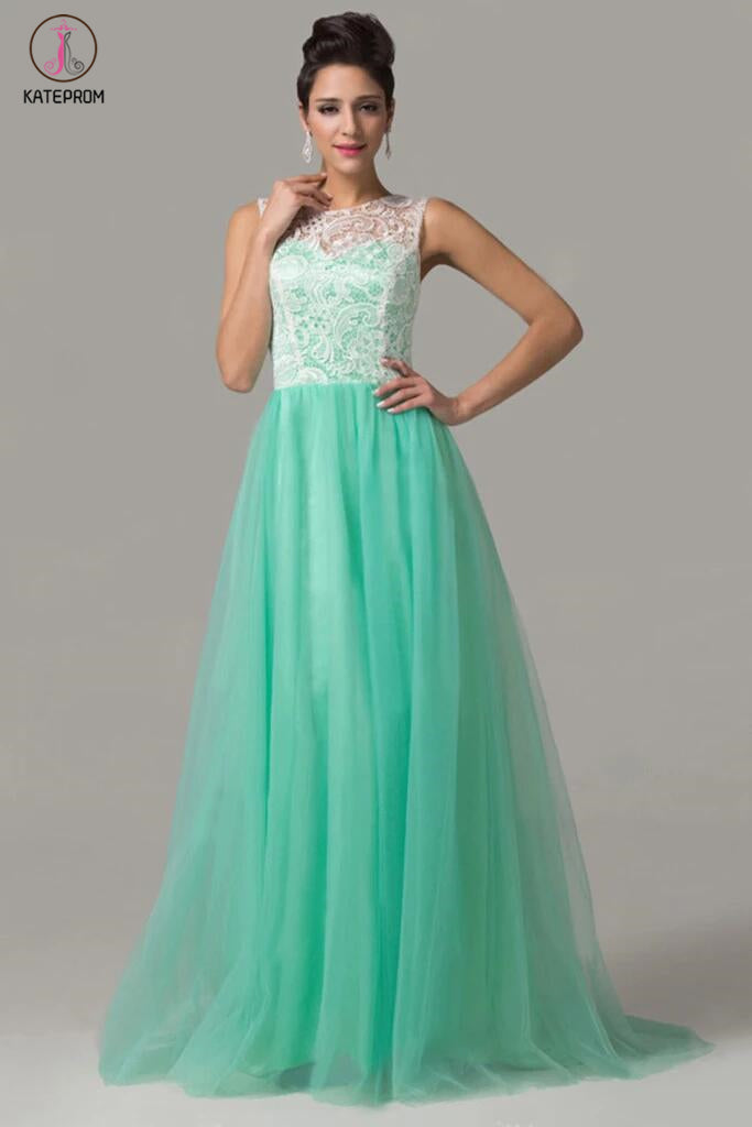 Cap Sleeves Mint Green Lace Long Prom Dresses KPP0037