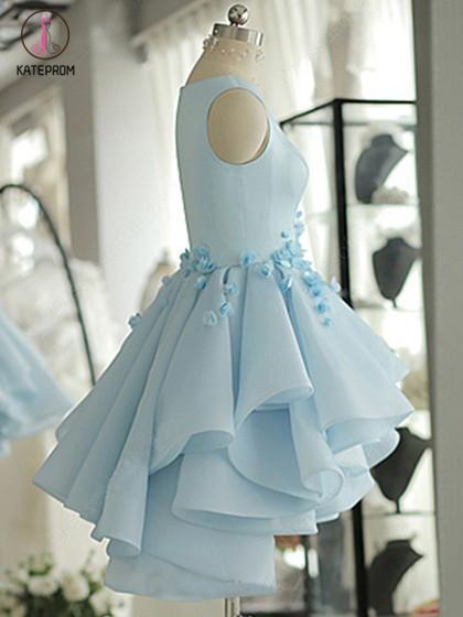 Sky Blue Homecoming Dress,A-line Satin Organza Short Flowers Original Prom Dresses,Mini Dress KPH0144