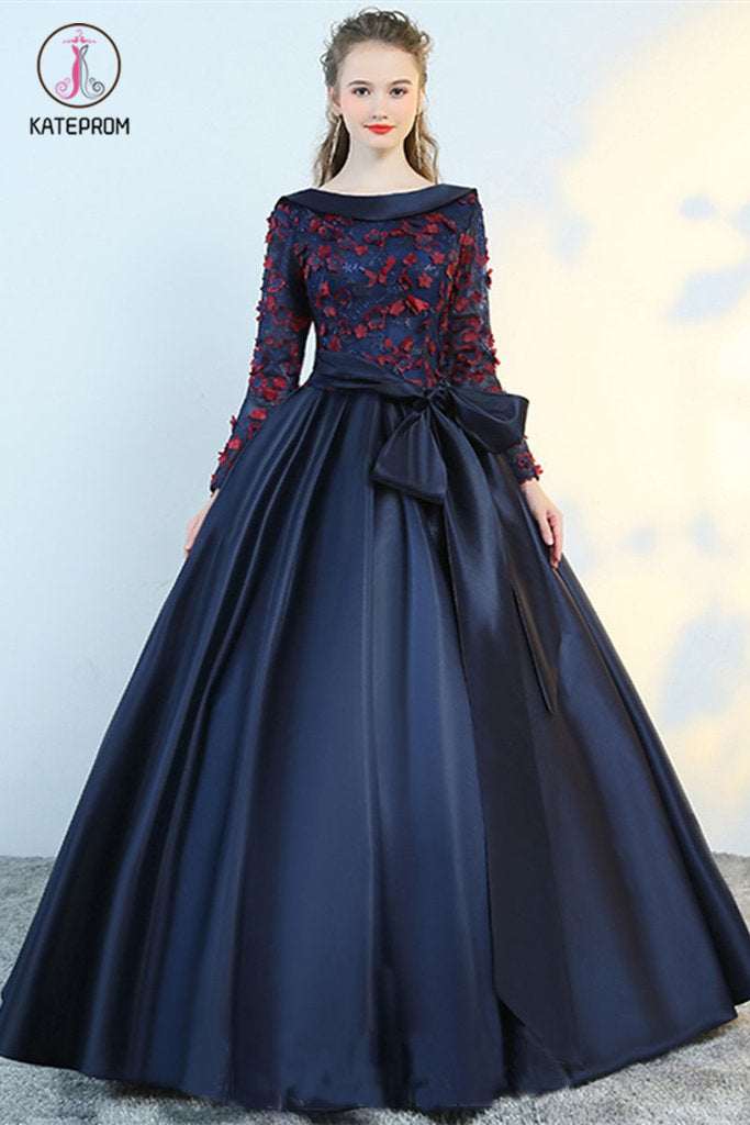 Puffy Flower Applique Floor Length Long Sleeve Satin Party Dress With Bowknot KPP0590
