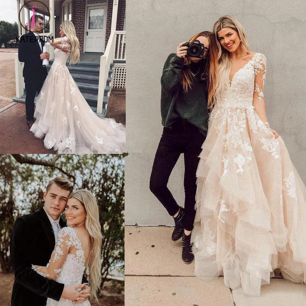 Gorgeous V Neck Long Sleeves Lace Appliques Wedding Dresses with Train KPW0507