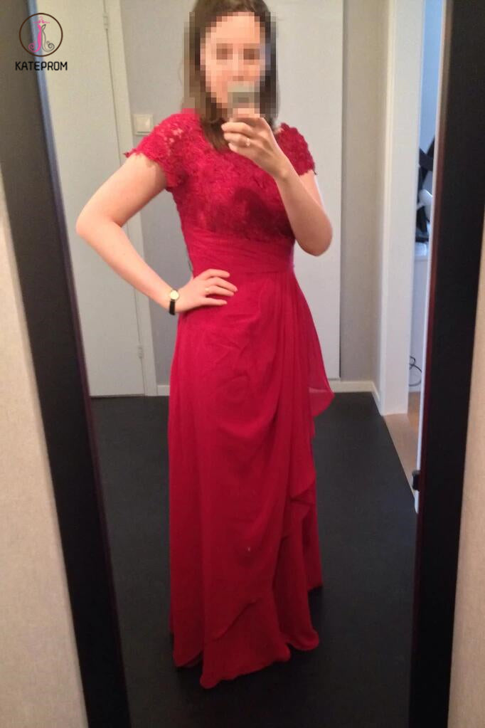 A-Line Floor-Length Chiffon Lace Appliques Mother of the Bride Dress With Cascading Ruffles KPM0003