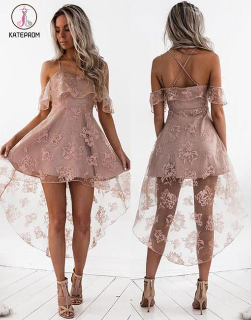 Blush Straps Fashion A-Line Lace Off-Shoulder High Low Short Homecoming Dress,Party Dress KPH0227
