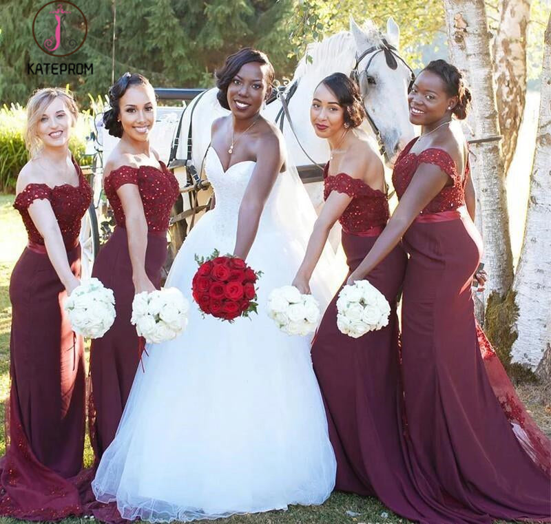 Elegant Mermaid Off Shoulder Beaded Bodice Sweep Train Bridesmaid Dress with Ribbon KPB0112