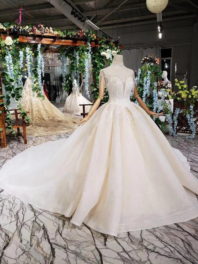 Off White High Neck Ball Gown Wedding Dresses, Open Back Beaded Bridal Dresses KPW0337