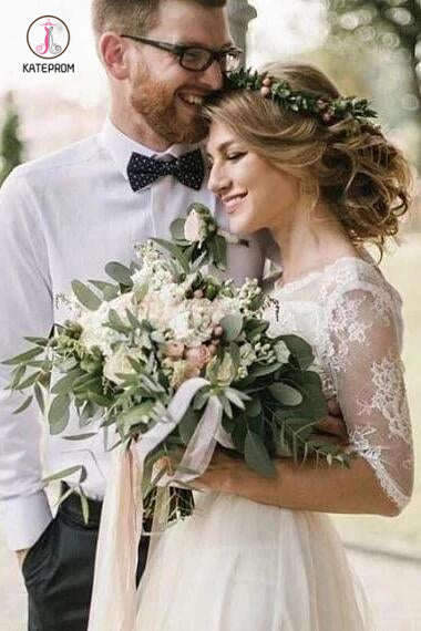 Puffy Half Sleeves Backless Wedding Dresses, Floor Length Long Beach Wedding Dress KPW0442