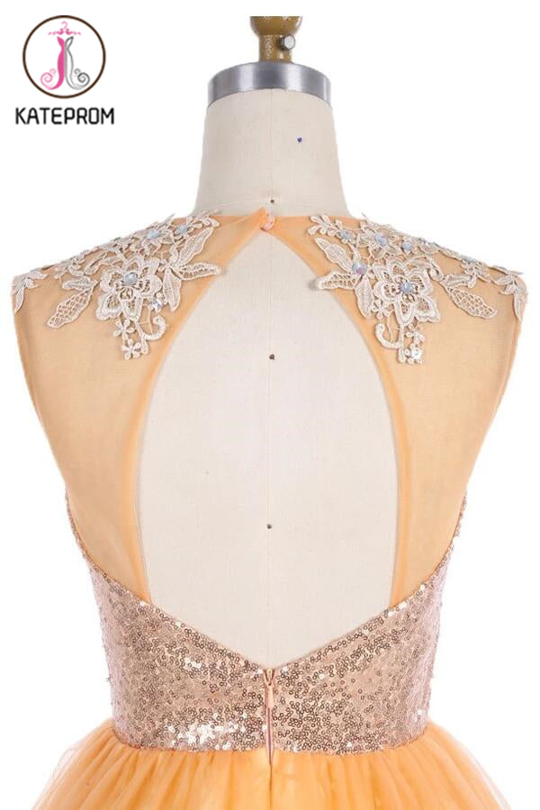 Scoop Gold Organza Open Back Prom Dresses Homecoming Dresses KPH0101