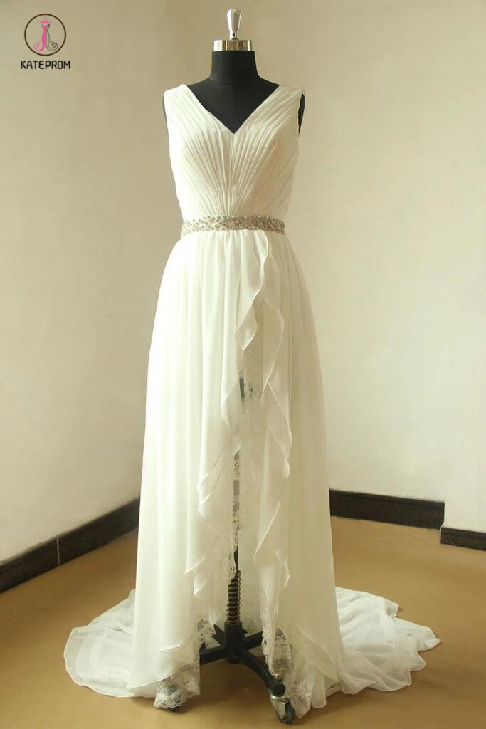 Ivory V Neck Sleeveless Pleated Slit Chiffon Summer Beach Wedding Dress with Beading KPW0224