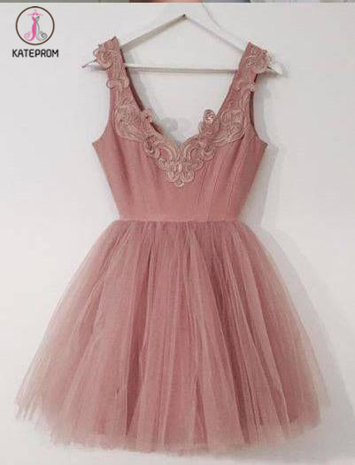 A-Line V-Neck Blush Pink Sleeveless Homecoming Dress,Appliqued Short Tulle Prom Dress KPH0180