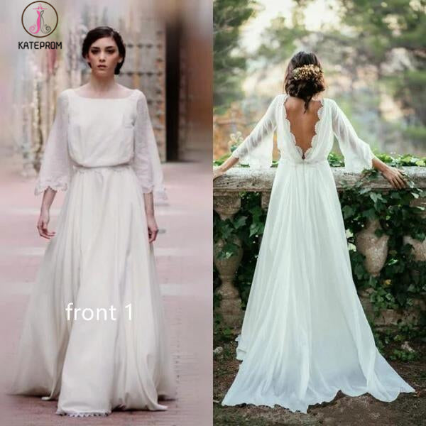 Sexy Chiffon 3/4 Sleeves and Backless Bridal Dress, Long Chiffon Beach Wedding Dress KPW0269