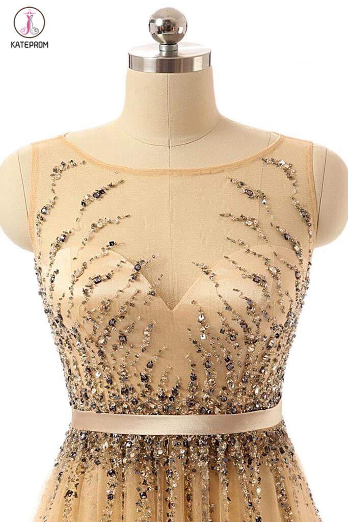 Beaded Gold Long Cap Sleeves Modest Prom Party Dresses KPP0063