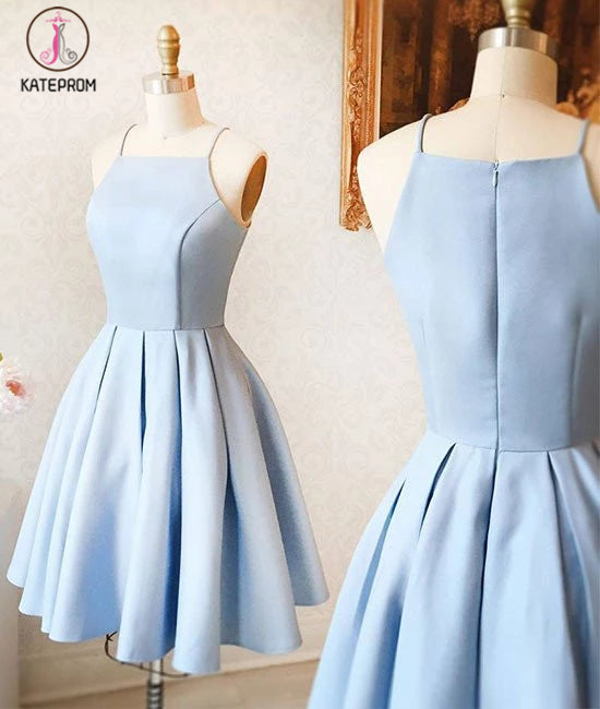 A-Line Spaghetti Straps Homecoming Dress,Sleeveless Light Blue Satin Short Prom Dress KPH0134