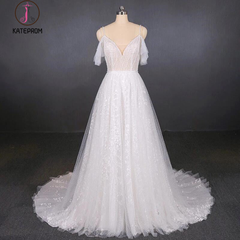 Elegant Sexy Spaghetti Straps Lace Wedding Dress, A Line V Neck Beach Wedding Dress KPW0495