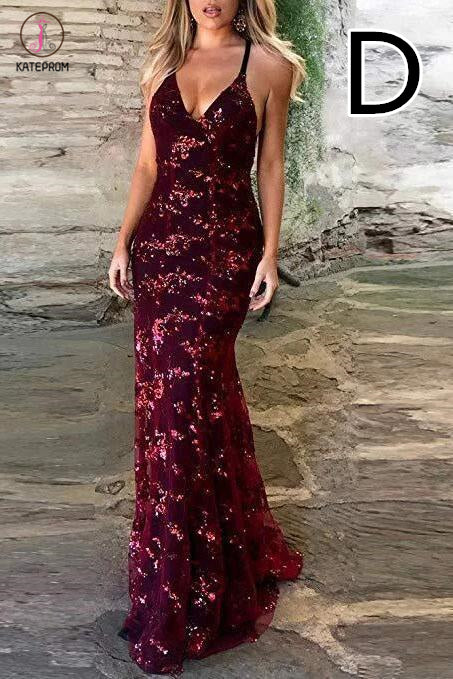 Spaghetti Straps V-neck Mermaid Sparkly Tulle Evening Dress,Long Prom Gowns KPP0274