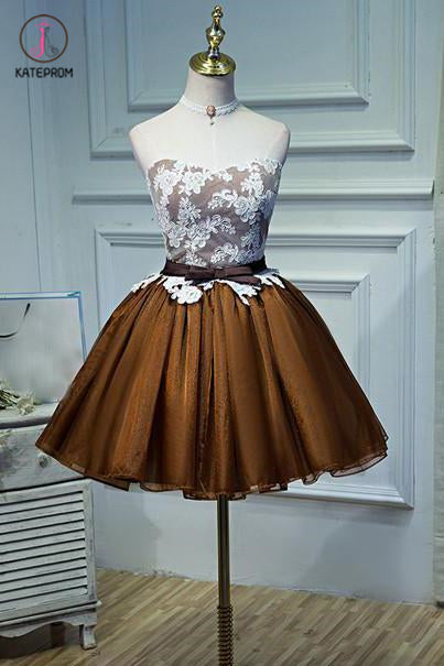 Strapless Tulle Homecoming Dress Lace Appliqued Bowknot Short Prom Dress Party Dress KPH0204