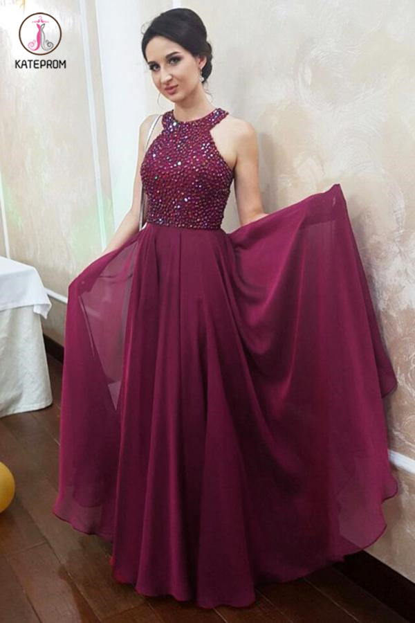 Sparkly Dark Magenta Jewel Sleeveless Floor Length Chiffon Prom Dress with Beading KPP0475