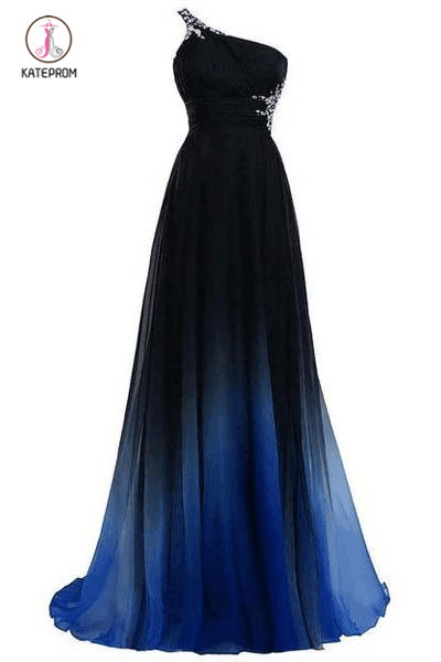 Ombre A Line One Shoulder Beading Chiffon Prom Dress,Gradient Formal Dress KPB0103