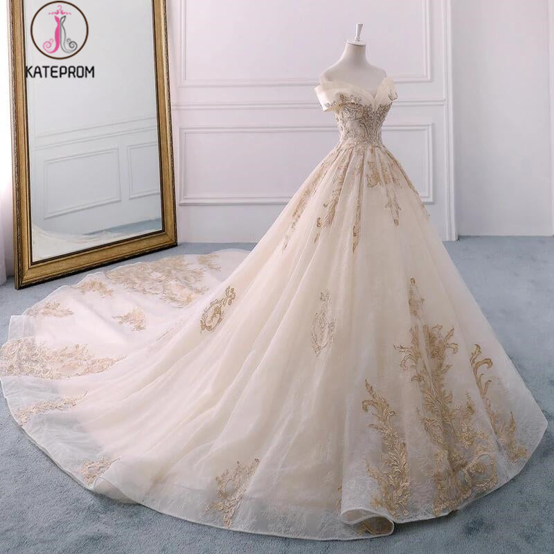 Gorgeous Off the Shoulder Ball Gown Wedding Dress, Long Appliques Bridal Dress KPW0322