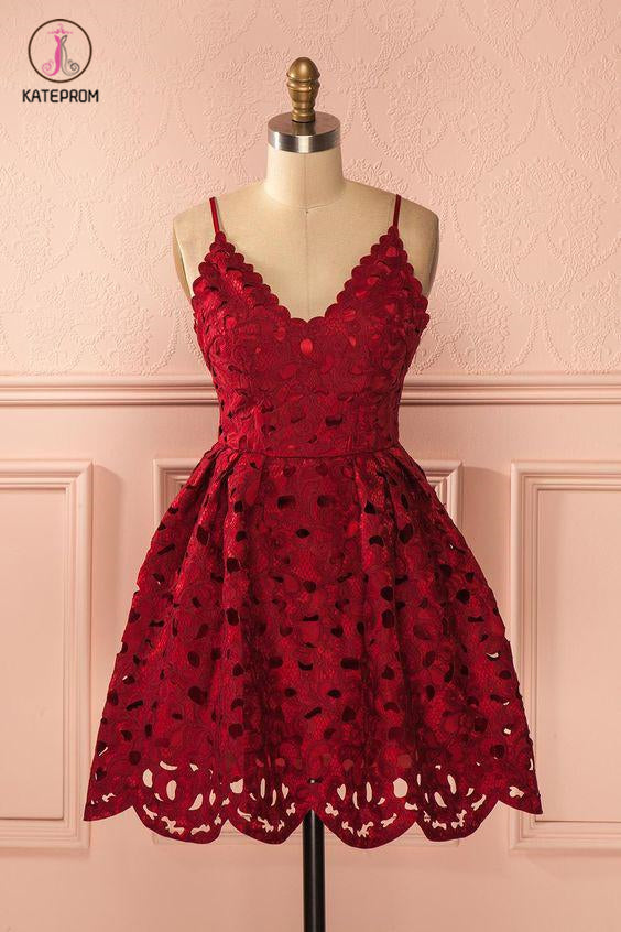 Spaghetti Straps Burgundy V-neck Mini Lace Backless Homecoming Dress,Fashion Party Dress KPH0261