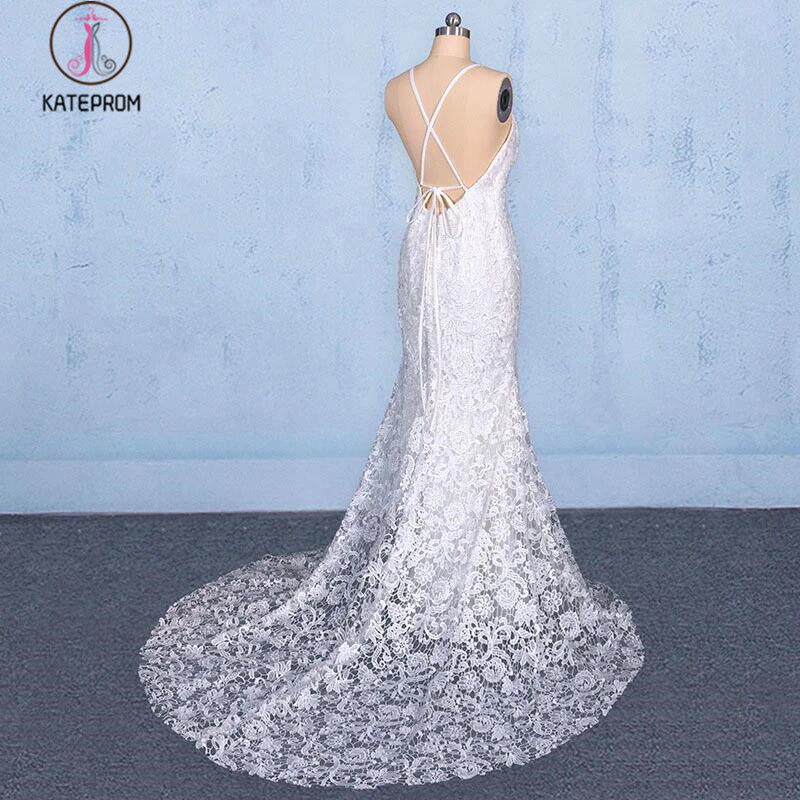 Elegant V Neck Lace Wedding Dresses, Mermaid Backless Lace Bridal Dress KPW0490