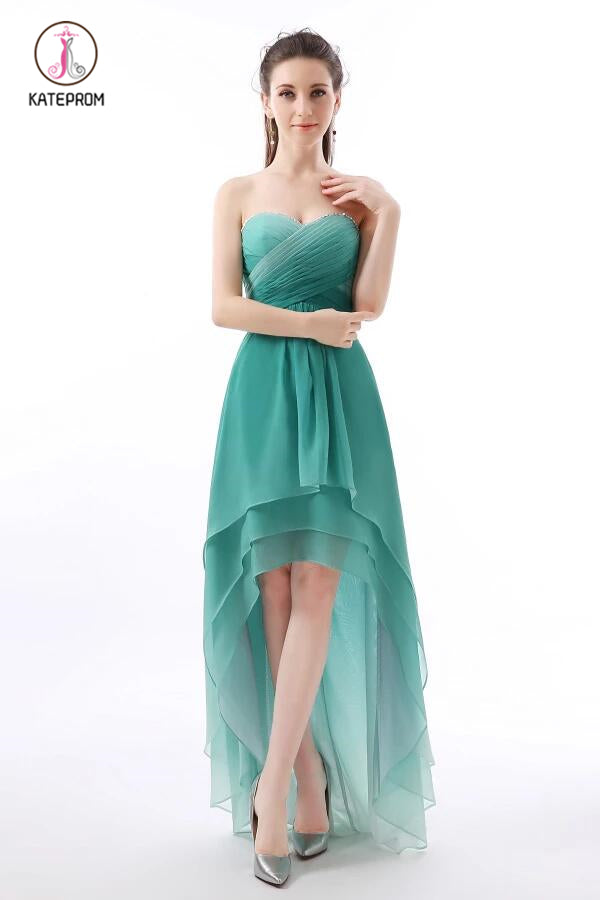 Unique Jade Ombre High-Low Sweetheart Chiffon Bridesmaid Dress with Pleats KPB0091