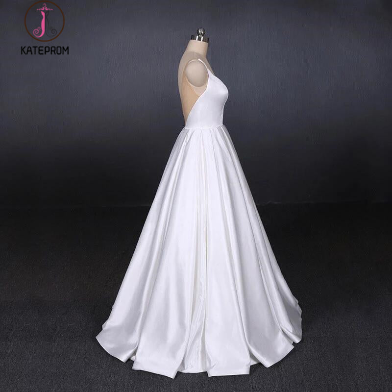 Simple Straps White Satin Wedding Dresses, Floor Length Satin Backless Bridal Dresses KPW0498