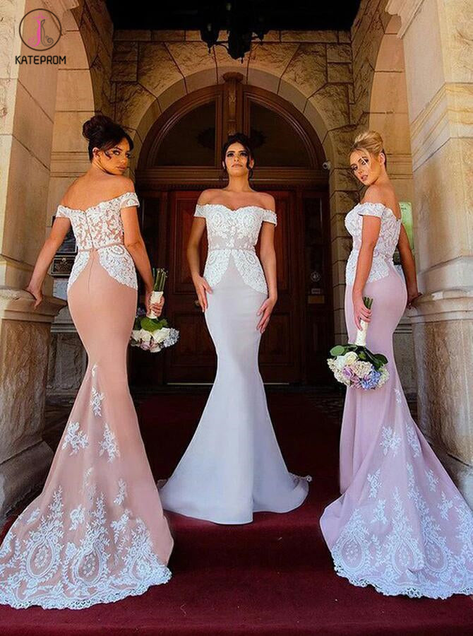 Blush Mermaid Off-the-Shoulder Sweep Train Stretch Long Bridesmaid Dress with Lace KPB0078