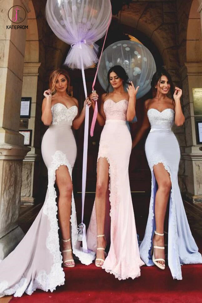 Mermaid Sweetheart Lace Applique Long Bridesmaid Dress with Slit Prom Gown KPB0080