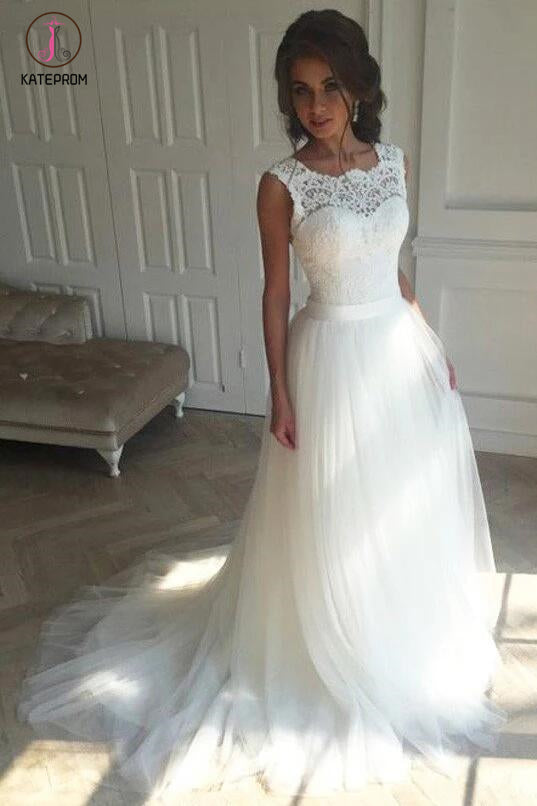 White Scoop Sleeveless Tulle Sweep Train Beach Wedding Dress with Lace Top,Bridal Gown KPW0098