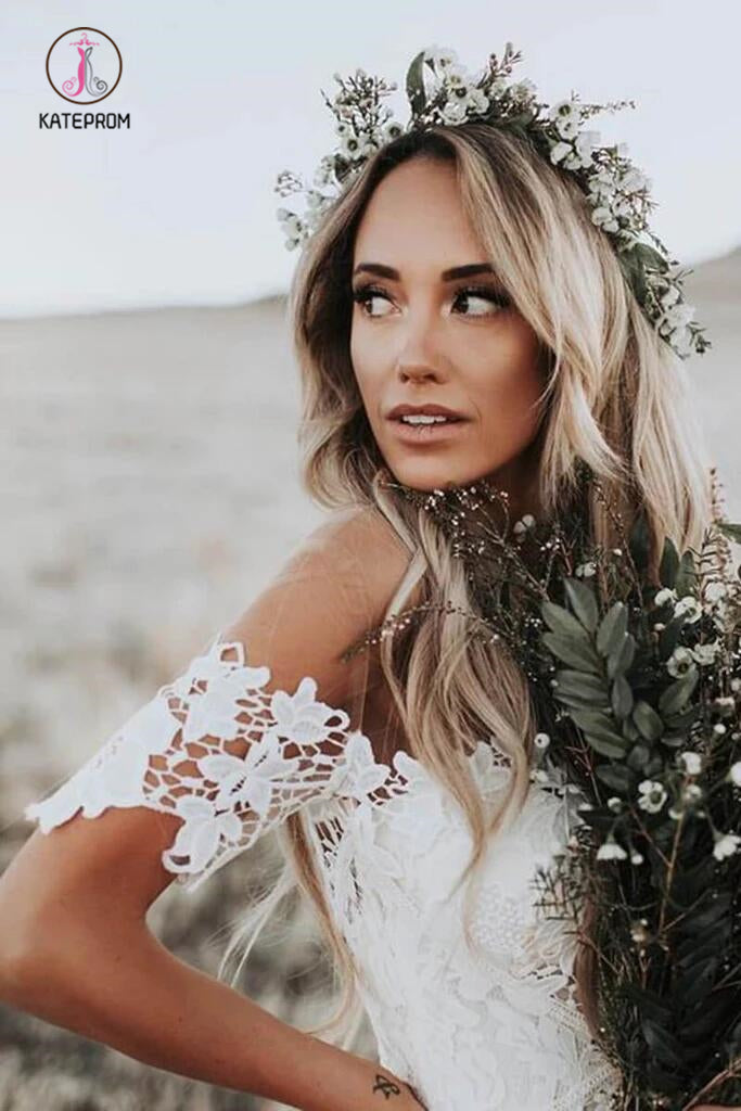 Mermaid Off the Shoulder Lace Beach Wedding Dress, Long Rustic Wedding Dresses KPW0445